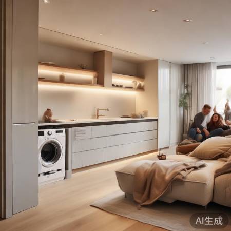 橱柜洗衣机侧板缺失设计，空间更宽敞