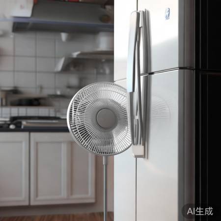 电风扇斜放冰箱旁,引导冷气流动