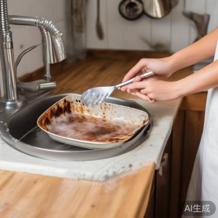 热水浸泡烧焦残渣易刮除